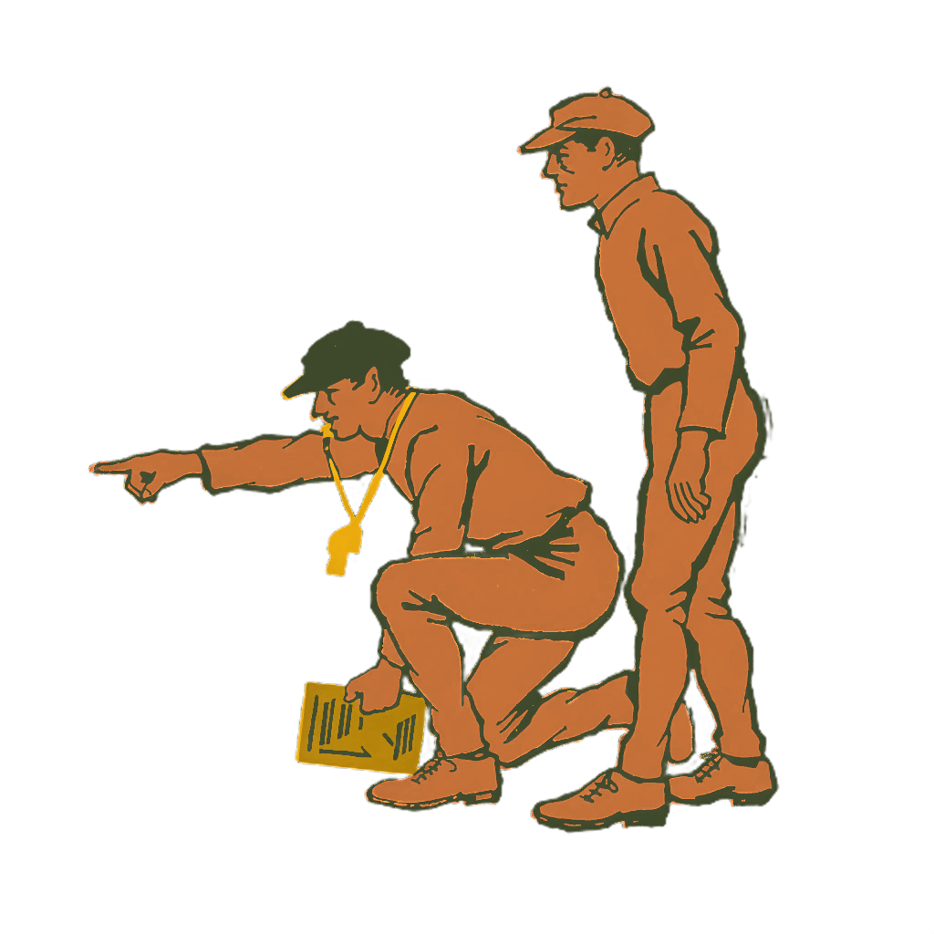 A coach crouched over a play card, pointing downfield, a player following the line
